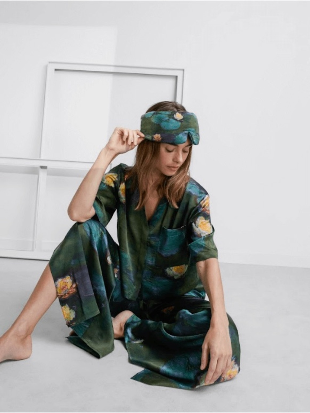 lunya lacmaGreen Waterlily-Print Wide-Leg Pajama Pant Washable Silk High Rise - Picture 4 of 4